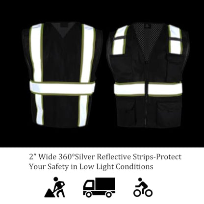 VENDACE Hi Vis Safety Reflective Mesh Vest for Men ANSI Class 2 High Visibility Vest with 8 Pockets and Zipper - color: Black, size: X-Large