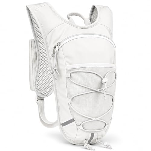 Lightweight Hydration Backpack 2L Water Bladder Pack for Running, Cycling, Hiking – Anti-Theft Water Backpack with Phone Holder, Trekking Pole Holder & Reflective Strips for Men & Women - color: White