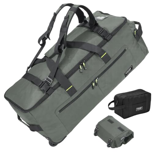 STOVER 100L U-Zip Rolling Duffel Bag with Wheels, Expedition Series X-Large Durable Travel Duffle + Toiletry Bag, Lay-Flat Opening, Packable with Shoulder Straps - Use as Luggage or Backpack (Green) - color: U-Zip Expedition Green