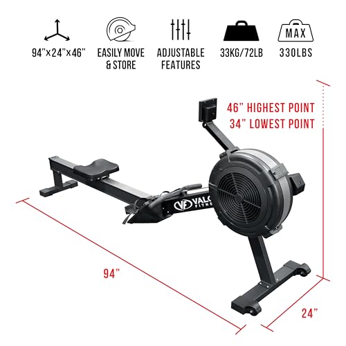 Valor Fitness Air Rowing Machine – Full-Body Cardio Rower with Adjustable Resistance, LED Monitor, Wheels & Compact Foldable Design for Home Gym & High-Intensity Workouts