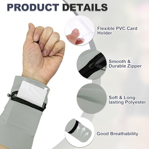 Wrist Pouch, Wrist Wallet Wristband with PVC Card Pouch Zipper Wristband Sports Sweatbands for Men and Women - color: Gray