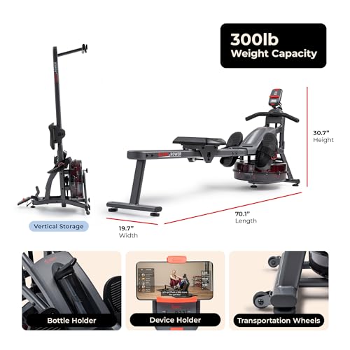 Sunny Health & Fitness Premium Water Rower w/Intensive Dynamic Real-Time Resistance, 300 LB Capacity Flip-able Rowing Machine for Home Training, Optional Free SunnyFit App Connection - color: Grey