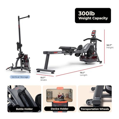 Sunny Health & Fitness Premium Water Rower w/Intensive Dynamic Real-Time Resistance, 300 LB Capacity Flip-able Rowing Machine for Home Training, Optional Free SunnyFit App Connection - color: Grey
