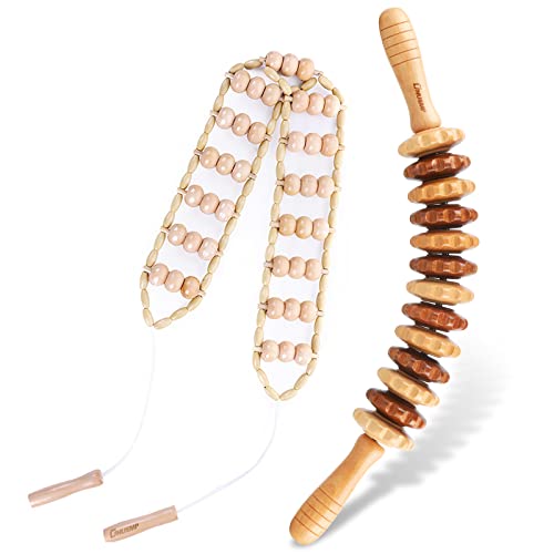 ONUEMP 2PCS Wooden Massage Fascia Stick & Back Massager Roller Rope