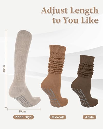 Pilates Socks with Grips for Women, Yoga Slouch Scrunch Socks - color: Brown