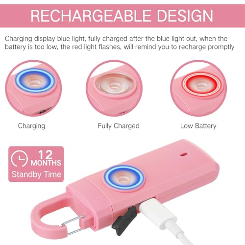 Tellegloww 6 Pcs 130 dB Personal Safety Alarm for Women, Personal Alarm Keychains Loud Siren with LED Strobe Light & Low Battery Notice Rechargeable Self Defense Keychain for Mom(Multicolor,Snap) - color: White,Pink,Blue,Black, style: Snap
