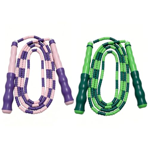 2PCS 9.2Ft Soft Beaded Jump Rope, Adjustable Tangle-Free Skipping Rope for Adults, Segmented Design for Exercise Training and Fitness - color: Green Purple