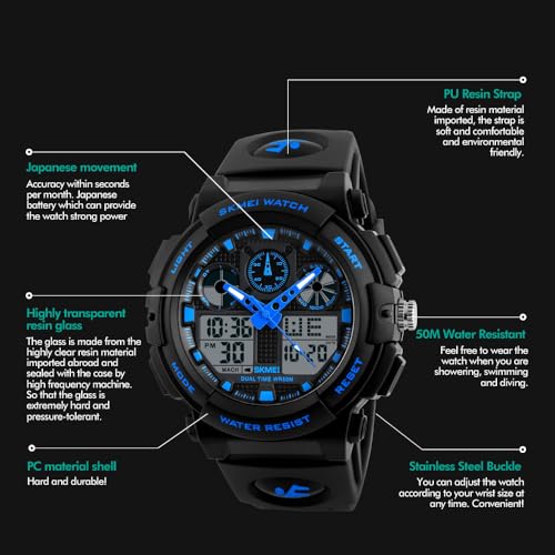 MASTOP Men's Digital Analog Sports Military Watches Waterproof Outdoor LED Backlight Display Alarm Stopwatch - color: Blue
