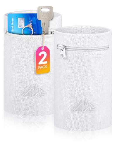 NEWZILL Wrist Wallet Wristband with Zipper - Cotton Sweatbands for Men & Women, Ideal for Running, Walking, Basketball, Football, Tennis, Hiking - color: White, style: Large-2PCS