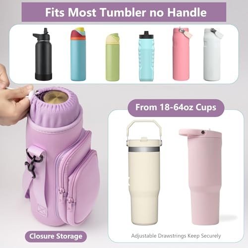 linmaya Water Bottle Carrier Bag, Neoprene Water Bottle Holder with Straps Phone Pockets Fits Stanley IceFlow Owala 16/24/32/40oz - color: Purple, size: 16-40 Oz wihtout Handle