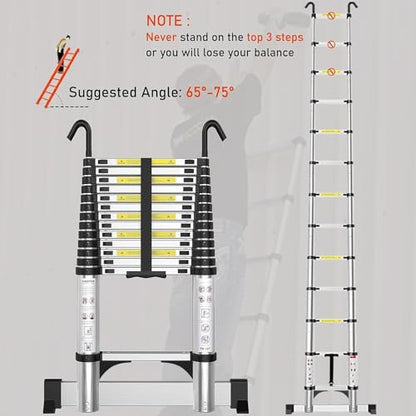 Telescoping Ladder Aluminum 10.5 FT with Hooks and Stabilizer - size: 10.5FT