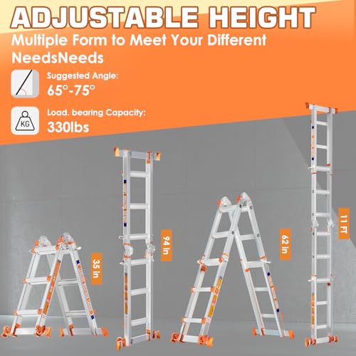 LEVELEVE 11FT Extension Ladder,A Frame 3 Step Ladder with Stabilizer Bar & Wheels,330 lbs Security Load Multi Position Ladder for Stairs Home Indoor Outdoor Roof - size: 3STEP