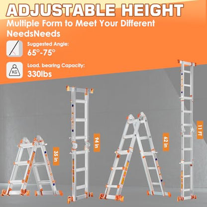 LEVELEVE 11FT Extension Ladder,A Frame 3 Step Ladder with Stabilizer Bar & Wheels,330 lbs Security Load Multi Position Ladder for Stairs Home Indoor Outdoor Roof - size: 3STEP