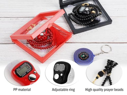 Islamic Tasbih Prayer Beads & Digital Tasbeeh Counter Set, 2 Pieces Elegant Beads with LCD Finger Counter, Elegant Islamic Gift for Dhikr Meditation Ramadan & Eid (Black, Red)