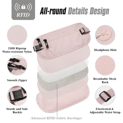 MoKo Travel Money Belt with RFID Blocking, Hidden Slim Wallet, Pink - color: Pink, size: Waist for 24"-38"