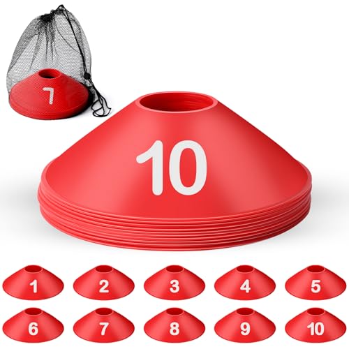 10 Pcs Numbered Sports Disc Cone with Mesh Carry Bag - color: Red