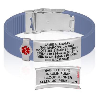 Divoti Custom Dual-Sided Engraved Silicone Medical Alert ID Wristband w/Security Clasp & Trim-to-Fit Band - Style - color: Carmella Blue / Brushed Stainless Silver / Red, size: Band Width - 19mm