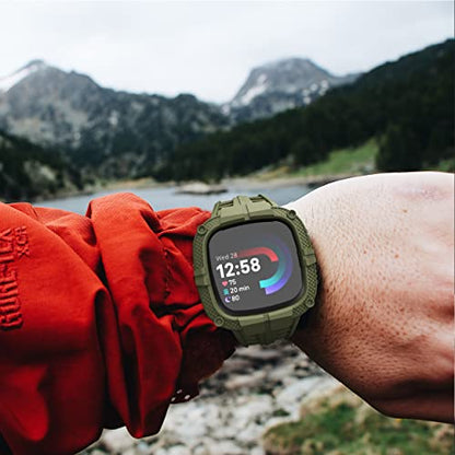 Compatible for Fitbit Versa 4/ Fitbit Sense 2 Bands Men, Rugged Protective Case with TPU Sport Band Smartwatch Wristband Army Green - color: Army Green