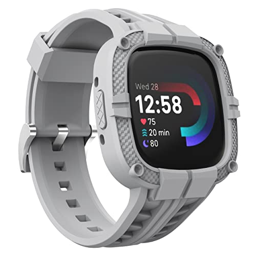 Compatible for Fitbit Versa 4/ Fitbit Sense 2 Bands Men, Rugged Protective Case with TPU Sport Band Smartwatch Wristband Grey - color: Grey