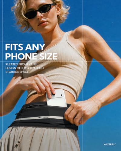WATERFLY Running Belt Fanny Pack No-Bounce Large Phone Holder for Men Women - color: Black, size: Medium