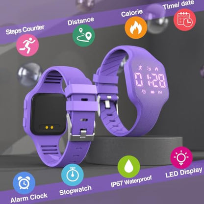 Kids Led Activity Tracker Tracker Watch for Ages 5-15, No App Required, Digital Sport Wristwatch, Waterproof, Pedometer, Alarm Clock, Silicone Strap, for Teens Children Students Boys Girls - color: Purple