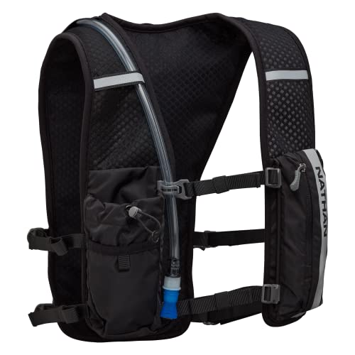 Nathan Hypernight QuickStart 2.0 4 Liter Hydration Pack w/ 1.5L Bladder, Reflective to Be Seen at Night, Front Water Bottle Pockets, Moisture Wicking, Unisex - style: Black/Geo Print