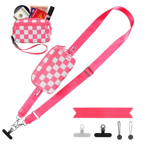 YFWE Clip and Go Strap for Phone with Wallet Crossbody, Adjustable Phone Lanyard with Detachable RFID Wristlet Wallet, Phone Strap with Phone Tabs for All Phones, Pink Checkered (M) - color: Pink Checkered, size: Medium