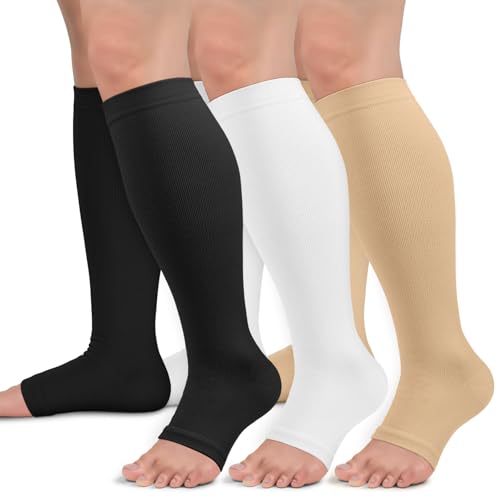Sooverki Copper Compression Socks for Women & Men Open Toe 15-20mmHg is Best Support for Circulation Recovery All Day Wear - color: 04 Black/White/Nude, size: Small-Medium