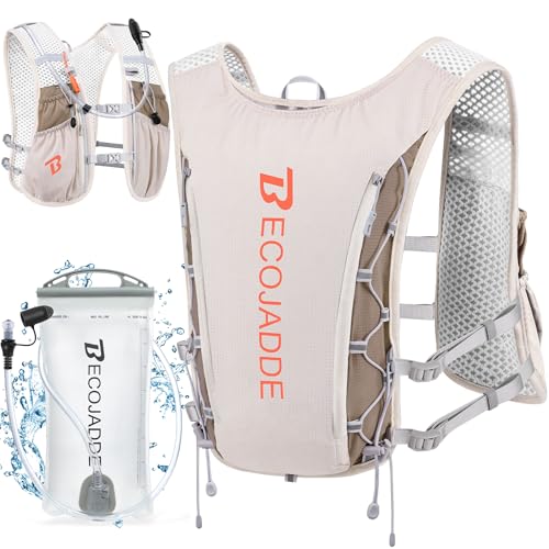 BECOJADDE Running Vest for Women Men, 5L/6L Lightweight Hydration Backpack Running Pack for Marathon, Trail, Cycling, Hiking, Jogging - color: Khaki