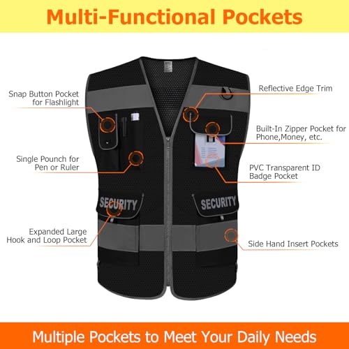 TCCFCCT Mesh Security Vest for Security Guard 9 Pockets High Vis, Black M - color: Black-bison 08, size: Medium