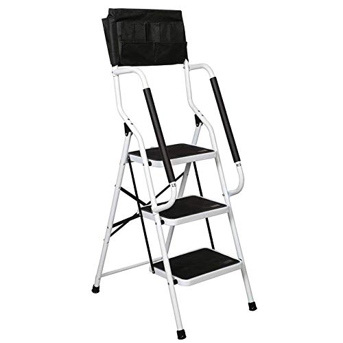 Wiberwi 3 Step Ladder with Handrails 500 lb Capacity Step Stool Folding Portable Ladders for Home Kitchen Steel Frame with Non-Slip Wide Pedal Stepladder with Attachable Tool Bag White - color: White, size: 3 Step