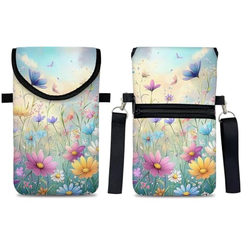 Neoprene Cell Phone Sleeve Pouch Case Bag with Crossbody Strap Neck Lanyard for Women 7.5 X 4.3 in Colorful Flowers - color: Colorful Flower