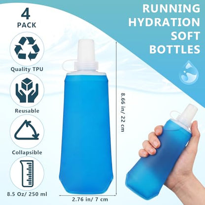 LemonRoad 4 Pcs 250ml Collapsible Soft Water Bottle for Hydration, TPU Foldable Running Water Bottle for Marathon Summer Run Vest Jogging Hiking Travel