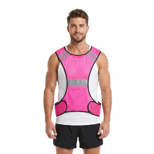 MioCloth High Visibility Reflective Running Vest with Pocket, Breathable Mesh Safety Vest, Unisex Cycling Jogging Night Gear - color: Pink