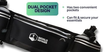 Hydrabelt Ultra Hydration Belt for Runners, 2 Pockets, 10oz BPA Free Water Bottles, No Bounce, Waterproof, Black, One Size, Hydration belt with 2 pockets and 2 water bottles