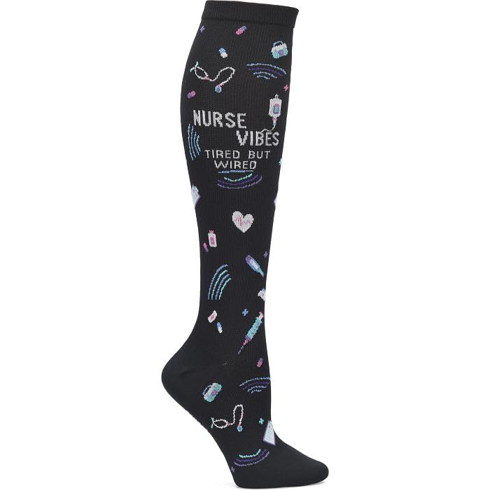 Nurse Mates Women's Wide Calf Socks | 12-14 mmHg Compression | Up to 22" Calf | One Size | 1 Pair - color: Nurse Vibes, size: One Size