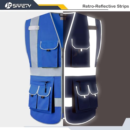 JKSafety Hi Vis Safety Vest for Men Women WIth 10 Pockets JK88 Blue L - color: Blue, size: Medium