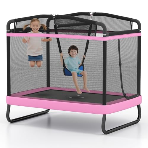 Giantex 6 FT Trampoline for Kids with Swing, Toddler Trampolines with Safety Enclosure Net, ASTM Approved, Rectangle Indoor & Outdoor Mini Kids Trampoline - color: Pink, size: 48"D x 70"W x 67"H