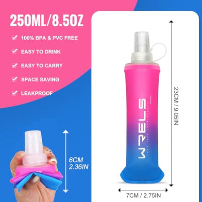 WRELS TPU Soft Flask Lightweight Portable Reusable Water Bottle,BPA Free Collapsible Flask for Hydration Pack in Running Hiking Cycling and Marathon - color: Rose Red&Dark Blue-250ml*2