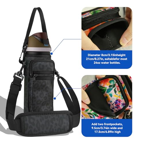 Neoprene Water Bottle Holder Bag with Cell Phone Pocket Compatible with Owala FreeSip 24 oz，Water Bottle Carrying Bag ，with Adjustable Shoulder Strap,for 24oz Stainless Steel Water Bottle - color: Black Panther