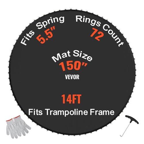 VEVOR Replacement Trampoline Mat, Jumping Mat Fits 12/13/14/15 ft Frame, Universal Jumping Round Trampoline, UV-Resistant Mat with Spring Tool & 72/80/92 V-Rings, Fit 5.5"/6.5"/7" Spring Length - style: 14FT-72 V-rings-Fit 5.5" Spring Length