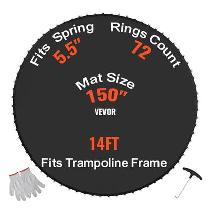 VEVOR Replacement Trampoline Mat, Jumping Mat Fits 12/13/14/15 ft Frame, Universal Jumping Round Trampoline, UV-Resistant Mat with Spring Tool & 72/80/92 V-Rings, Fit 5.5"/6.5"/7" Spring Length - style: 14FT-72 V-rings-Fit 5.5" Spring Length