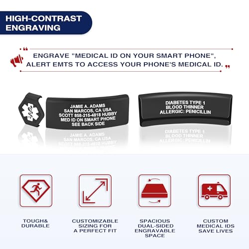 Divoti Custom Dual-Sided Engraved Silicone Medical Alert ID Wristband w/Security Clasp & Trim-to-Fit Band - Style - color: Carmella Blue / PVD Black / White, size: Band Width - 13mm