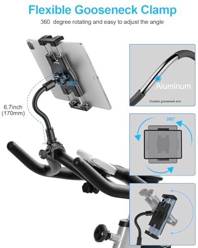 Exercise Bike Tablet Holder for Peloton, Gooseneck Treadmill Tablet Mount - Spin Bike Handlebar for Indoor Stationary Bicycle, Elliptical, Stroller for iPad, iPhone, Galaxy Tab/Z Fold, Kindle, 4.7-13"