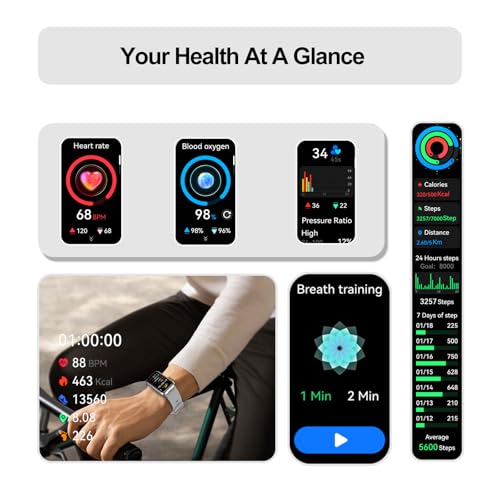 Fitness Tracker (Answer/Make Calls), Smart Watch for Women Men, with 1.47″ AMOLED Always-On Display, 24/7 Heart Rate, Sleep Tracking, 110+ Sport Modes, Waterproof, Compatible for Android Phone - color: Silver