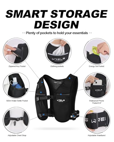 WRELS Running Vest for Women Men,Lightweight Reflective Hydration Vest with TPU 500ml Soft Flask,Adjustable Chest Straps Phone Pocket for Running Marathon - size: Large-X-Large