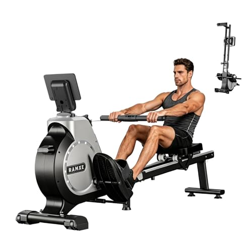 RAMXE Rowing Machine for Home，Magnetic Rowing Machine with 16 Levels，Rower Machine of Quiet Resistance，Foldable Exercise Equipment，Dual Slide Rail with Max 350lbs Weight Capacity，App Compatible