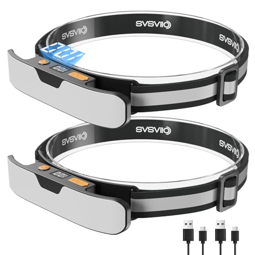 svsviio K0206*2PCS 1500 Lumens Rechargeable LED Headlamp,Super Bright 230° Wide Beam Head lamp,3 Modes,Lightweight,IPX5,Head Lights for Forehead,Hard Hat Flashlight for Adults Camping Essentials Gear - size: 2 Pack