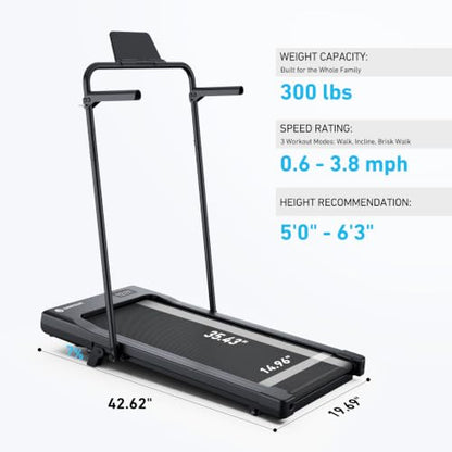 DeerRun Under Desk Walking Pad Treadmill for Home Office & Small Spaces, 6% Manual Incline, 0.6–3.8 MPH Walking Speed, 2.5 HP, 300 lb Capacity, App & Remote Control - color: Rich Black