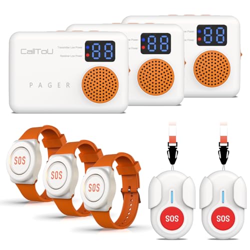 CallToU Caregiver Pager, 3 Wrist & 2 SOS Buttons for Elderly, 3 Receivers - size: 5 call buttons + 3 receivers